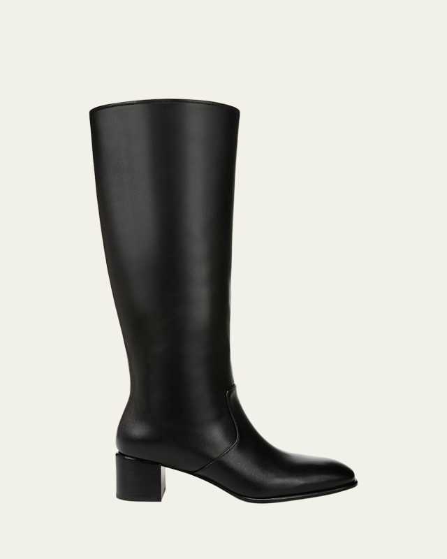Leather Block-Heel Knee Boots Wide Calf